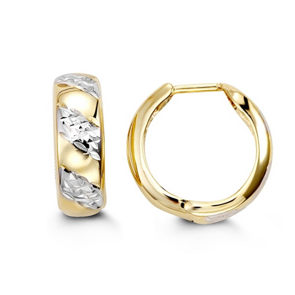 10K Yellow & White Gold Diamond Cut Huggie Earrings
