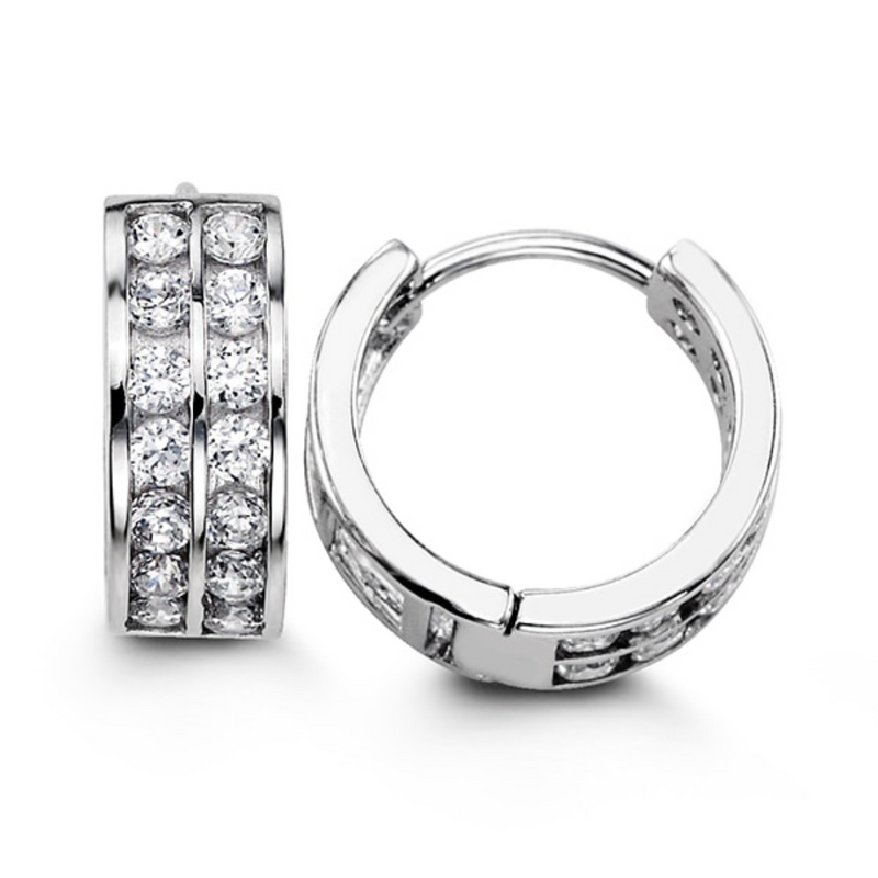 Sterling Silver Two Row Cubic Zirconia Huggie Earrings