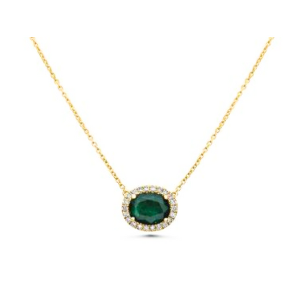 14K Yellow Gold Diamond and Emerald Halo Pendant on Chain