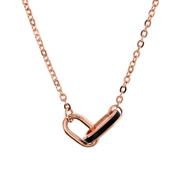 Bronzallure 18K Rose Gold Plated Necklace with Enamelled Black Oval Links