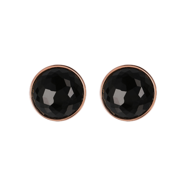 Bronzallure 18K Rose Gold Plated Round Black Onyx Button Earrings