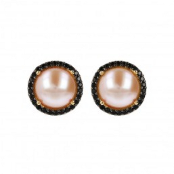 Bronzallure 18K Rose Gold Plated Button Earrings with Rose Pearls in a Black Spinel Halo