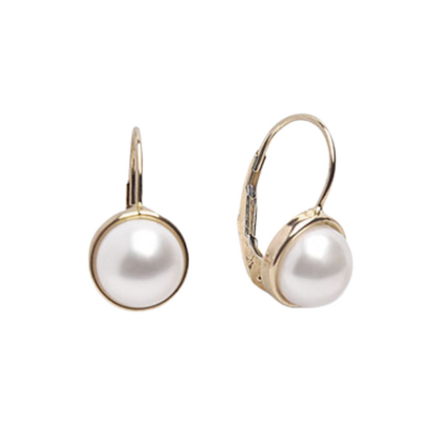 14K Yellow Gold Button Pearl Leverback Earrings