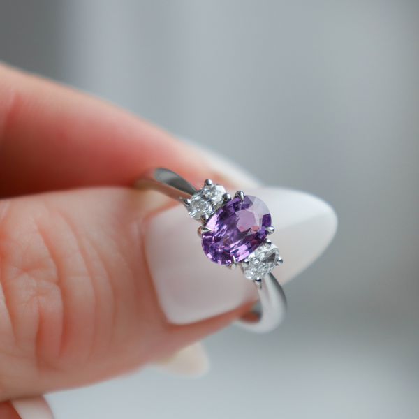 Platinum Diamond & Oval Purple Sapphire Trinity Ring