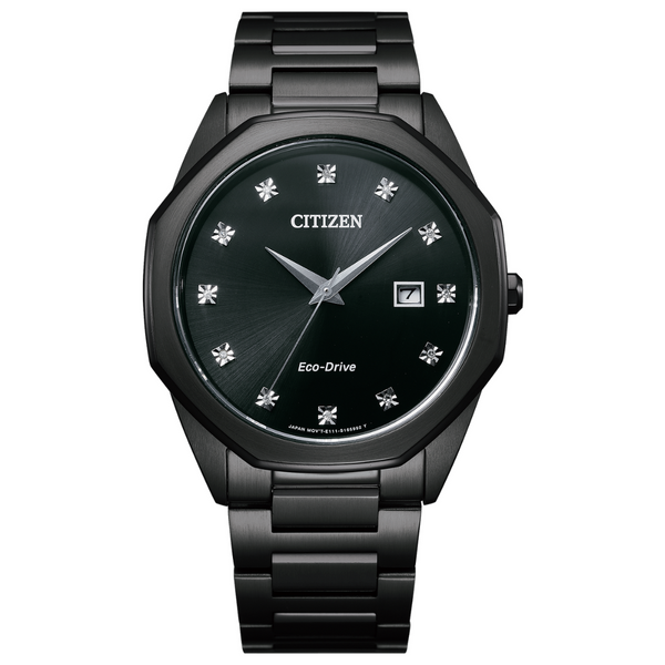 Citizen Eco-Drive Black Octagonal Watch with Diamond Accents