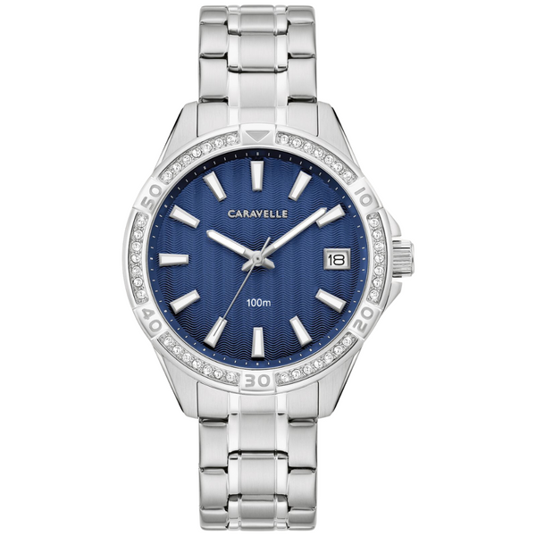 Caravelle Silver Tone Watch with Blue Dial and Crystal Accents
