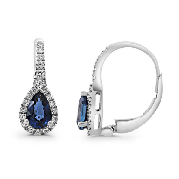 14K White Gold Diamond & Pear Shaped Sapphire Hoop Earrings