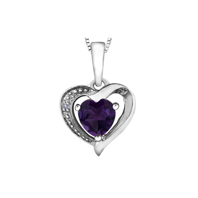 10K White Gold Amethyst & Diamond Heart Pendant on Chain