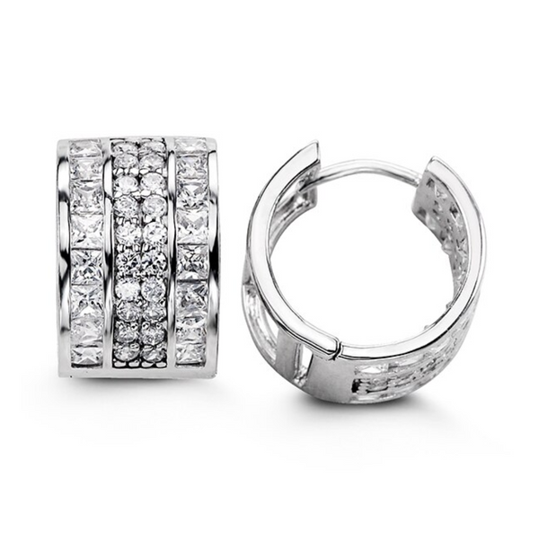 Sterling Silver Huggie Hoops with Double Row of Cubic Zirconia