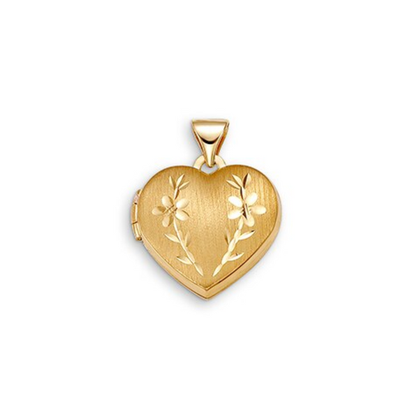 10K Yellow Gold Heart Shaped Locket with Engraved Flower