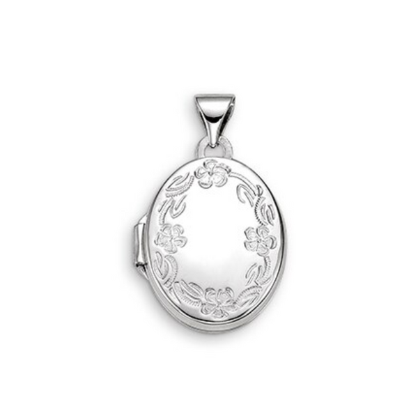 10K White Gold Oval Locket with Engraved Flower