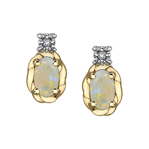 10K Yellow Gold .015ctw Diamond & 5x3mm Oval Opal Stud Earrings