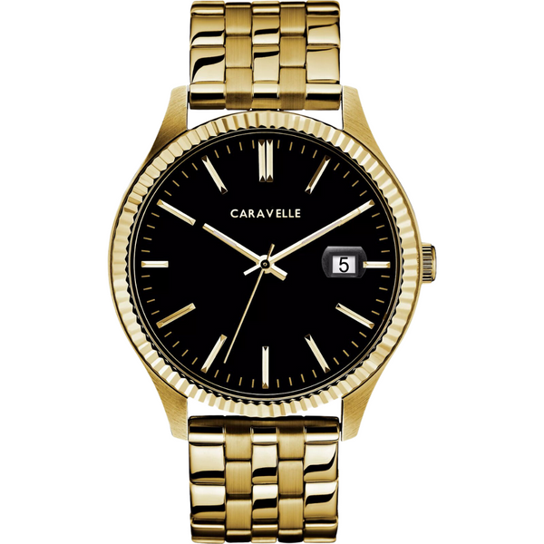 Caravelle Dress Gold Tone Watch with Black Dial