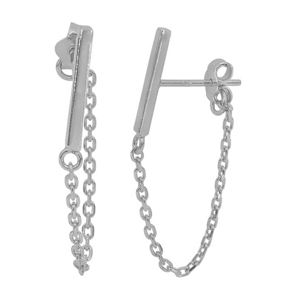 Sterling Silver Bar Stud Earrings with Cable Chain