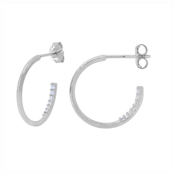 Sterling Silver Half Hoop Stud Earrings with Cubic Zirconia