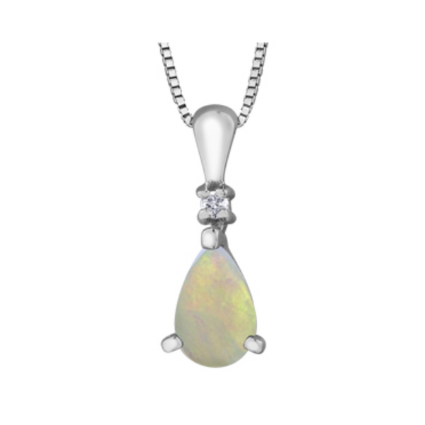 10K White Gold Diamond and Opal Pendant with Chain