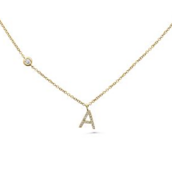 14K Yellow Gold Diamond "A" Initial Necklace with Adjustable Chain