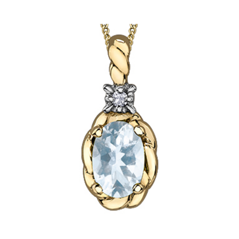 10k yellow gold diamond and aquamarine pendant with chain