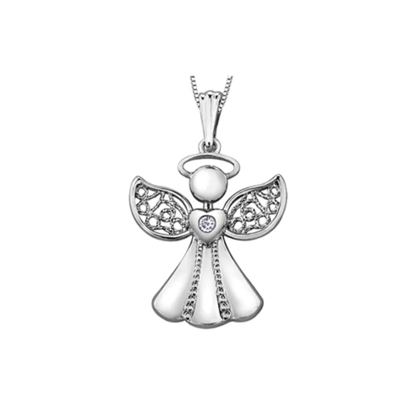 10K White Gold Diamond Angel Pendant on Chain