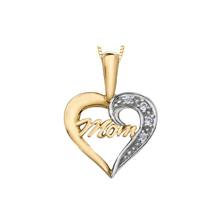 10K Yellow Gold Diamond Heart Mom Pendant on Chain