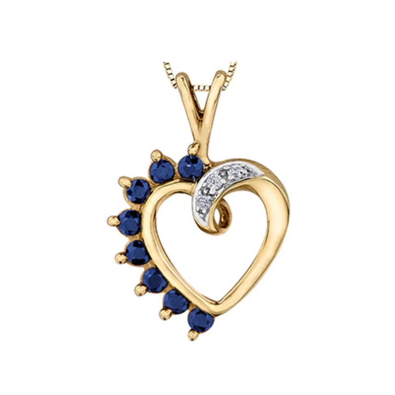 10K Yellow Gold Sapphire & Diamond Heart Pendant on Chain