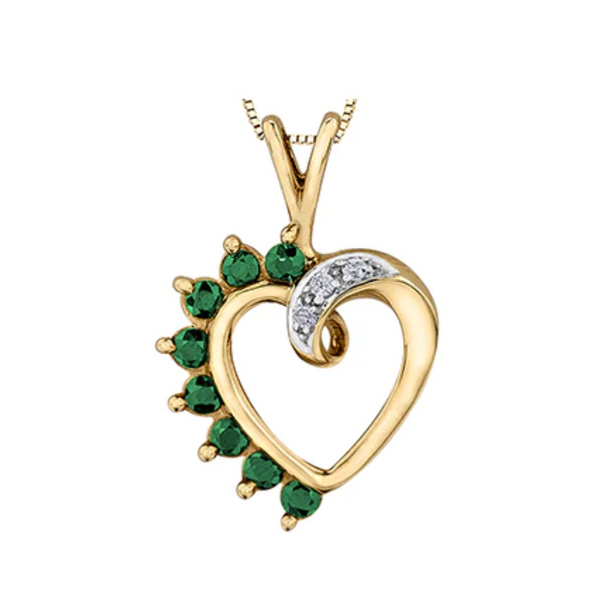 10K Yellow Gold Emerald & Diamond Heart Pendant on Chain