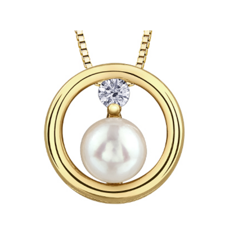 10K Yellow Gold Diamond and Pearl round Pendant on Chain