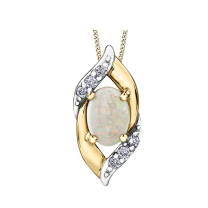 10K Yellow Gold Opal and Diamond Pendant on Chain