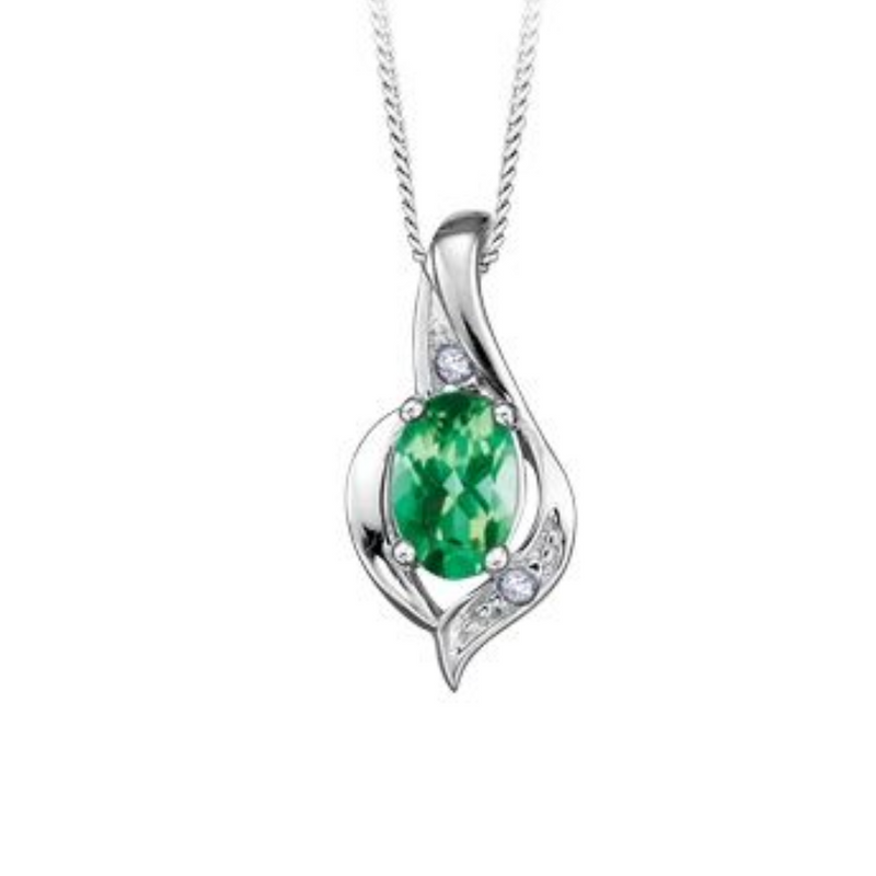 10K White Gold Emerald & Diamond Pendant on Chain