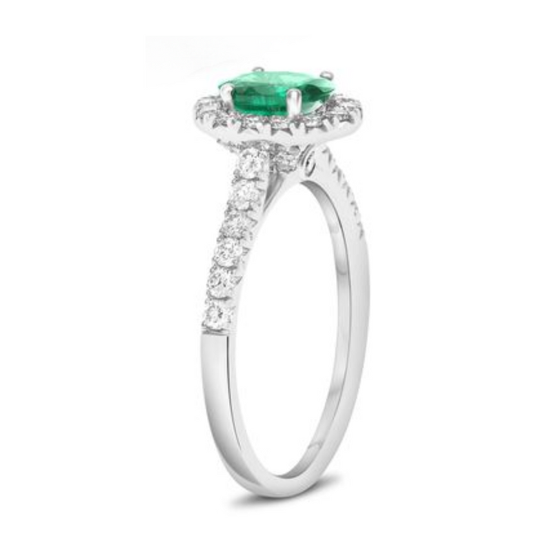 18K White Gold Diamond & Emerald Halo Ring