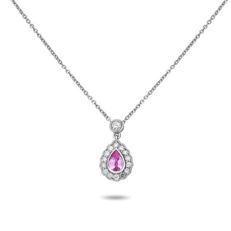 18K White Gold Diamond & Pink Sapphire Pendant on Chain