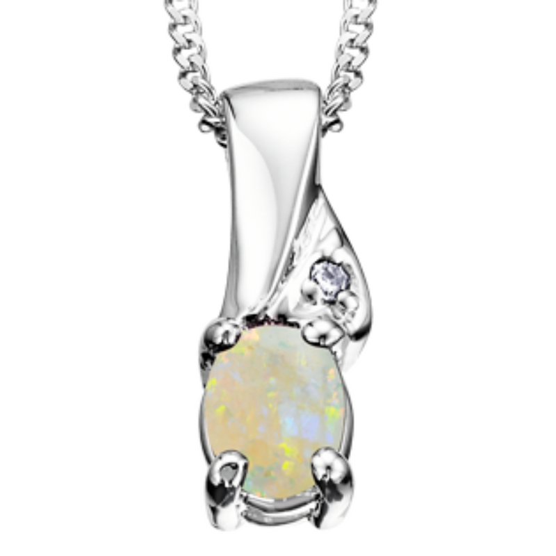10K White Gold Diamond & Opal Pendant on Chain