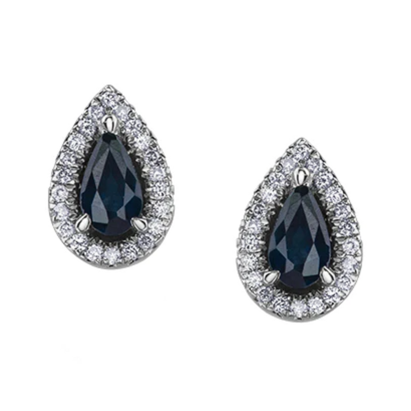10K White Gold Pear Shaped Diamond & Sapphire Stud Earrings