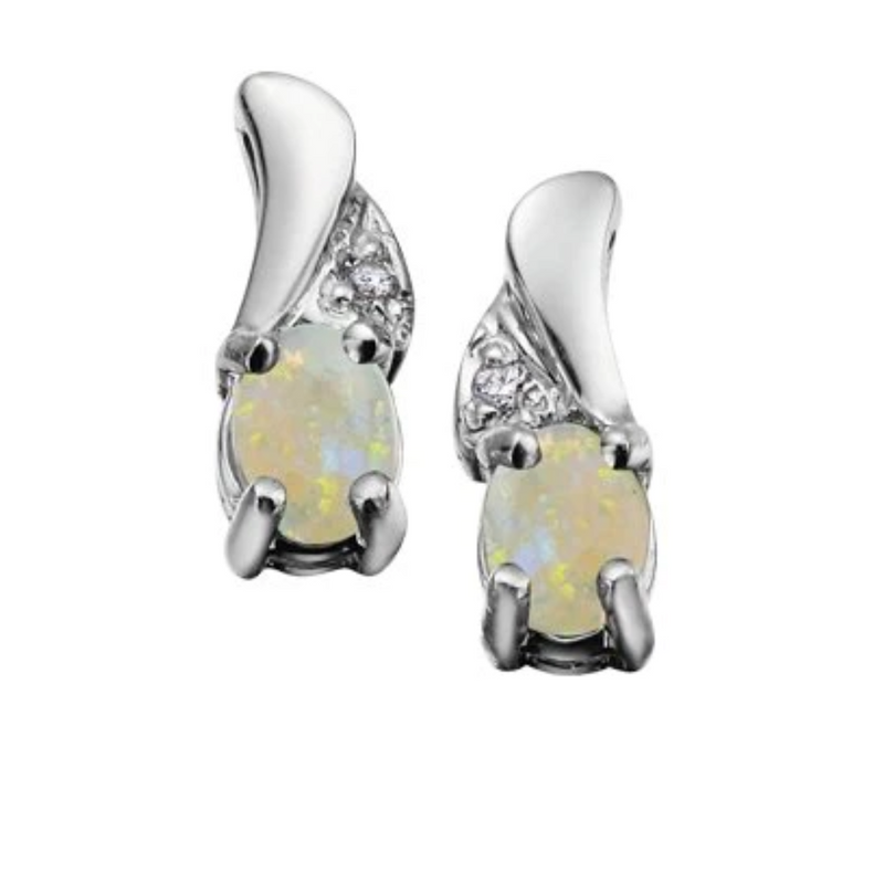 10K White Gold Diamond & Opal Stud Earrings