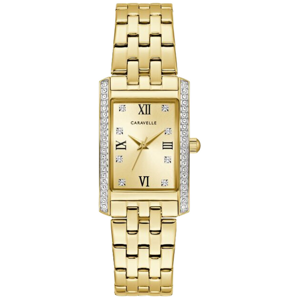 Caravelle Crystal Gold Tone Watch with Square Face