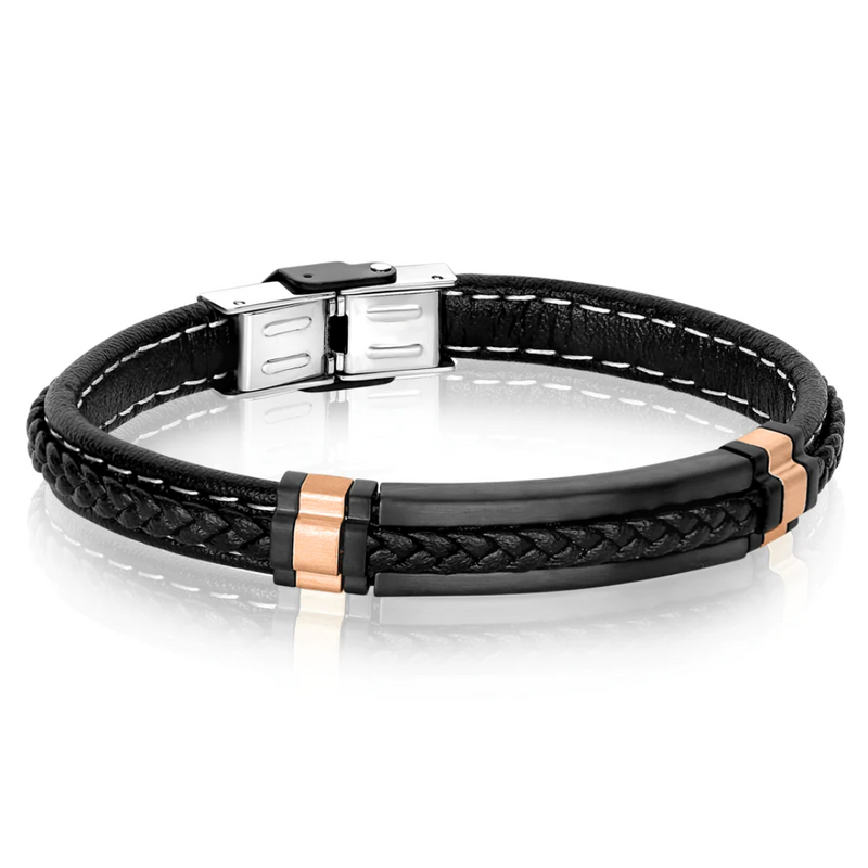 Italgem Rose Gold Plated Black Leather Bracelet