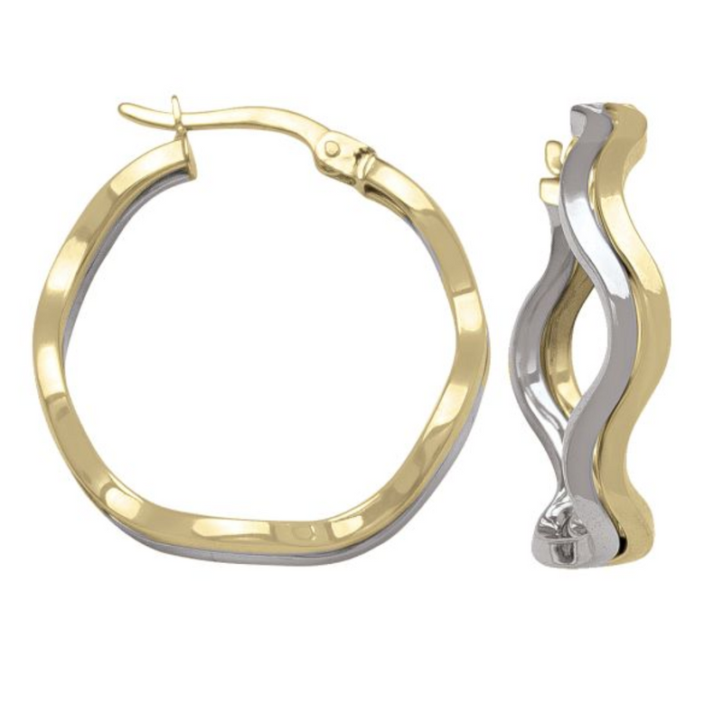10K Yellow & White Gold Double Wavy Hoop Earrings