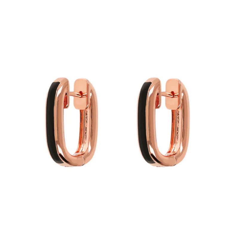 Bronzallure 18K Rose Gold Plated Black Enamel Hoop Earrings