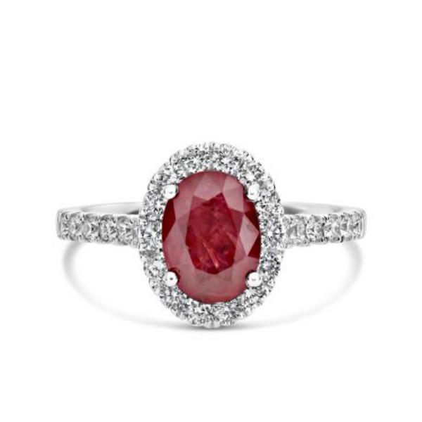 18K White Gold Diamond and Ruby Halo Ring