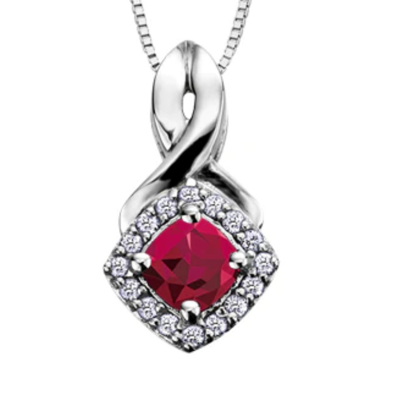 10K White Gold Diamond & Ruby Pendant with Chain