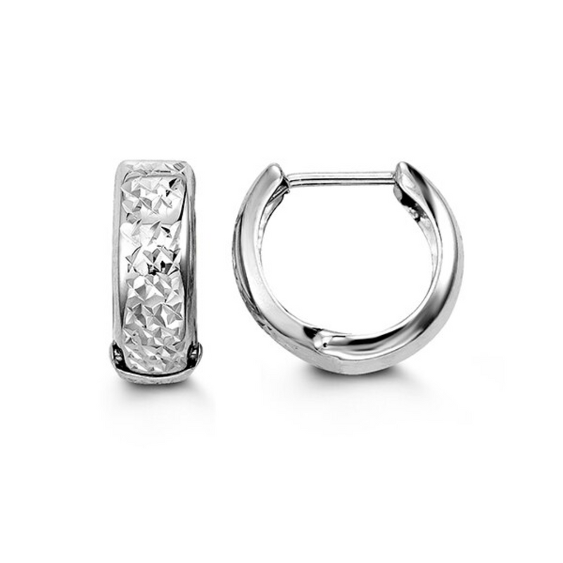 10K White Gold Diamond Cut Huggie Hoops