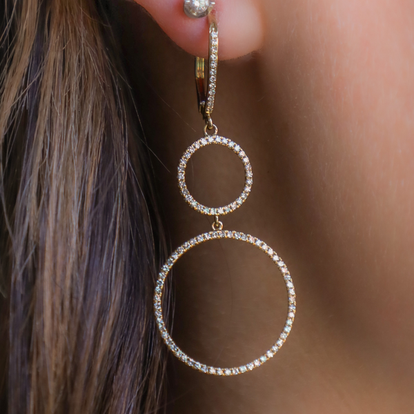 14K Yellow Gold Double Circle Diamond Earrings