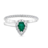 14K White Gold Pearshape Emerald & .30CTW Diamond Halo Ring With Diamond Band