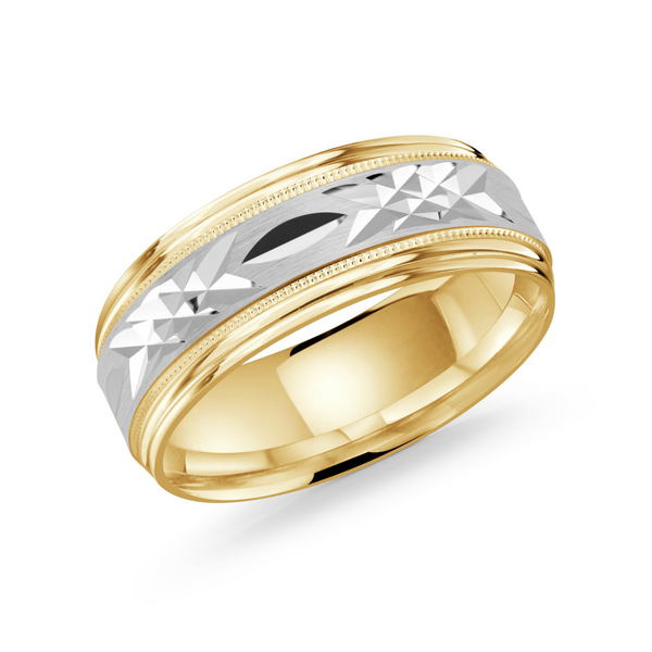 10K Yellow & White 8mm Gold Diamond Carving Wedding Band