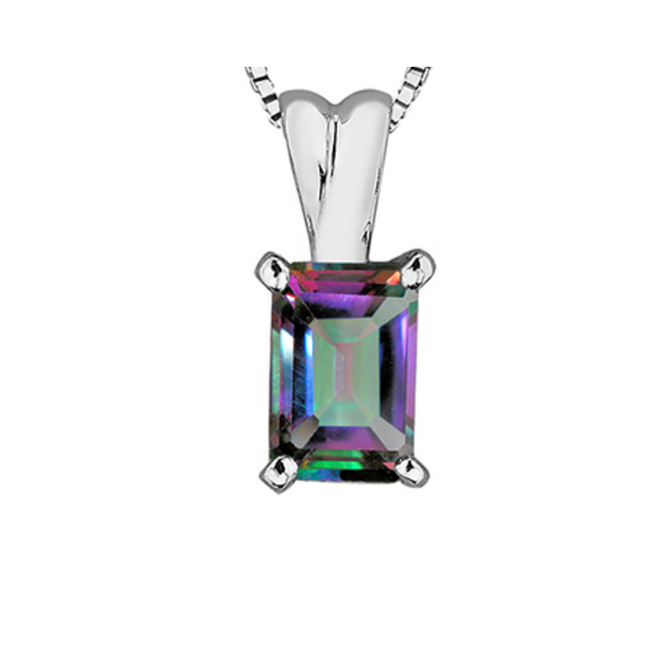 10K White Gold Emerald cut Mystic Topaz Pendant on Chain