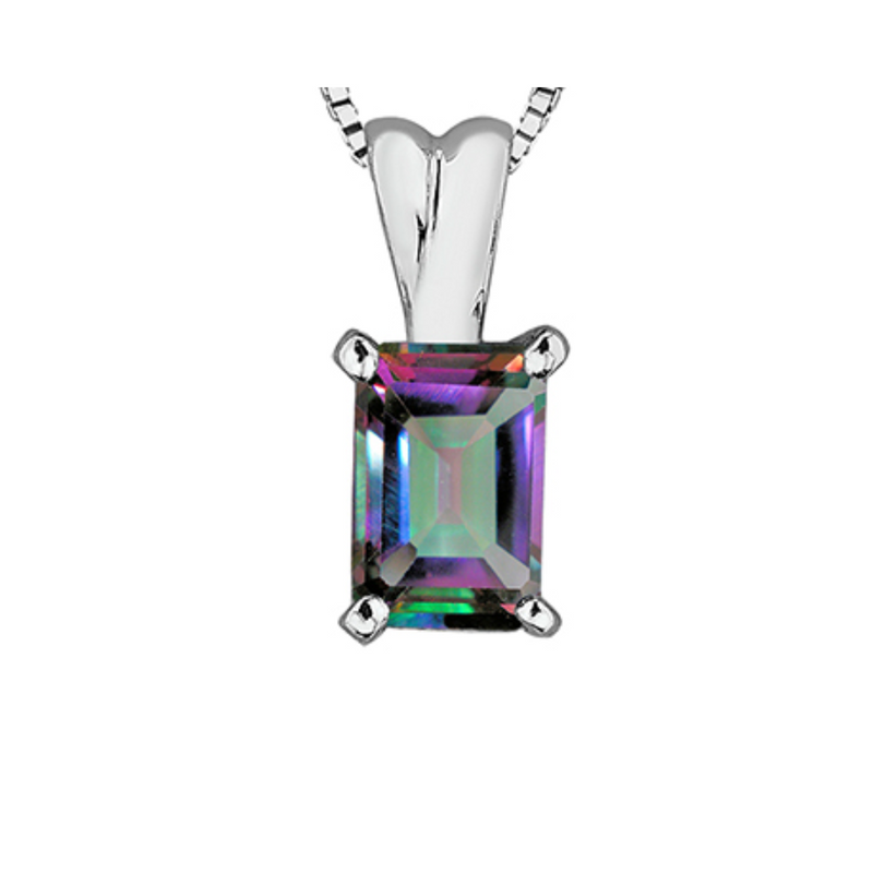10K White Gold Emerald cut Mystic Topaz Pendant on Chain
