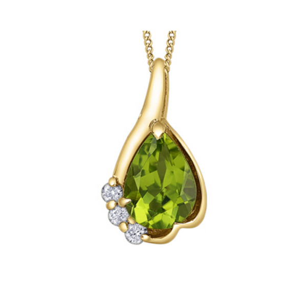 10K Yellow Gold Pear shaped Peridot & .045ctw Diamond Pendant on Chain