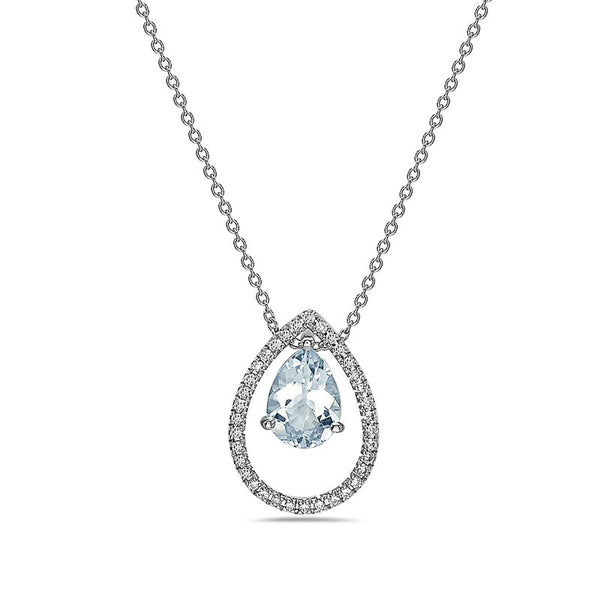 14K White Gold Diamond & Aquamarine Pendant with Chain