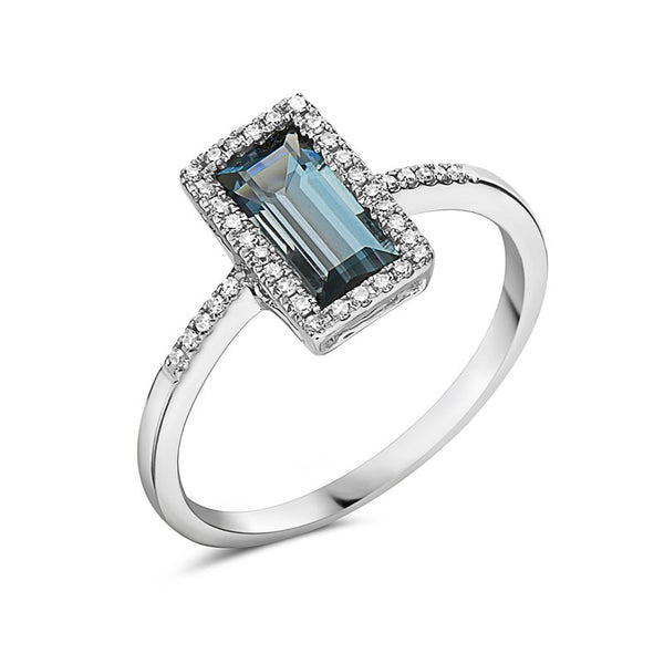 14K White Gold Diamond & Blue Topaz Halo Ring