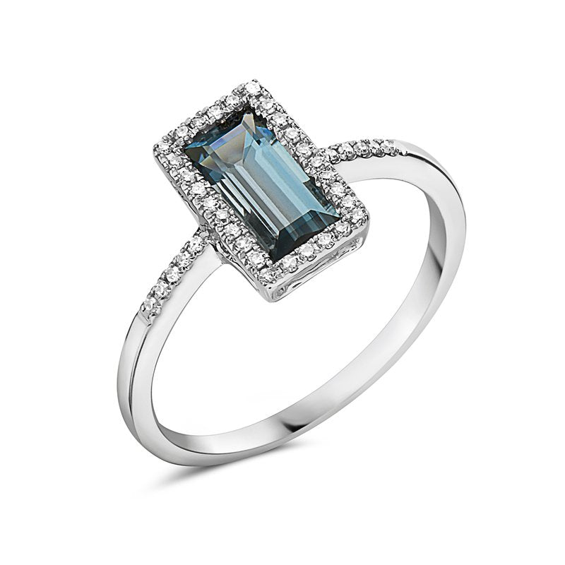 14K White Gold Diamond & Blue Topaz Halo Ring
